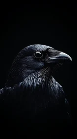 Close-up profile portrait of black raven on dark background.