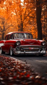 Crimson classic Chevy cruising through glowing autumn woods.