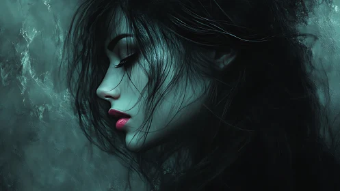 Moonlit profile drifts through teal shadows and velvet silence