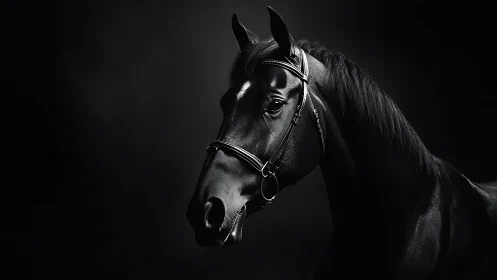 Midnight stallion poised in velvet shadowed spotlight.
