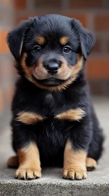 Sweet rottweiler puppy sitting with big hopeful eyes.