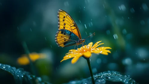 Butterfly on yellow flower under gentle rain shower.