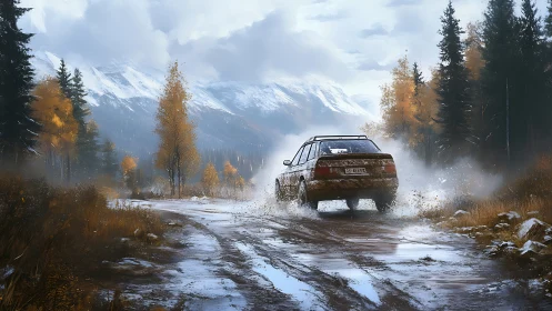 Cozy autumn drive toward snowcapped mountain adventure.