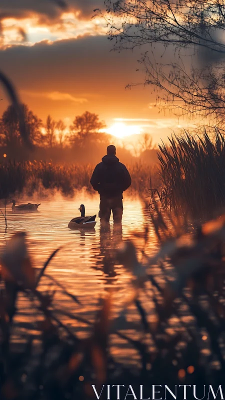 Quiet wading at sunrise among golden reeds and gentle ducks.