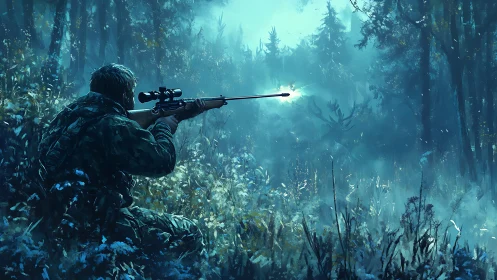 Tactical Marksman in Bioluminescent Forest Terrain.