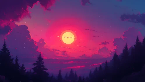 Vivid pink sunset over dark forest silhouette and clouds.