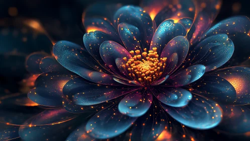 Digital macro render of luminous blue and orange flower form.
