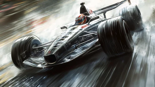 Chrome formula racer cutting through wet track spray.