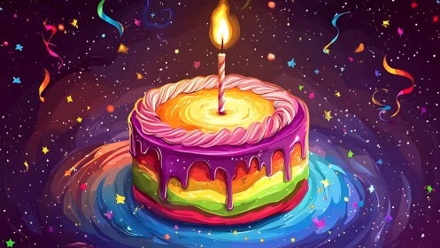 Vibrant Rainbow Layer Cake with Glowing Candle.