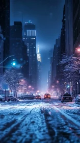 Nocturnal snowy avenue with axial skyscraper illumination.