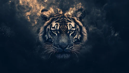 Symmetrical tiger portrait merges with swirling fiery particle nebula