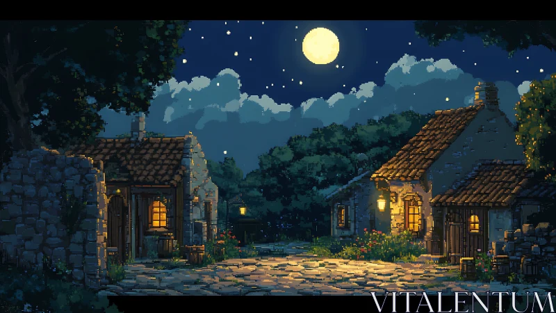 Moonlit pixel village square glows with warm cottage light