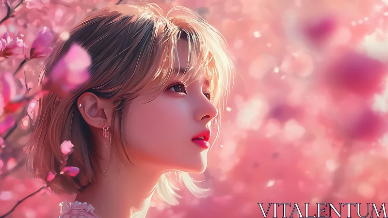 Side profile digital portrait amid pink blossoms.