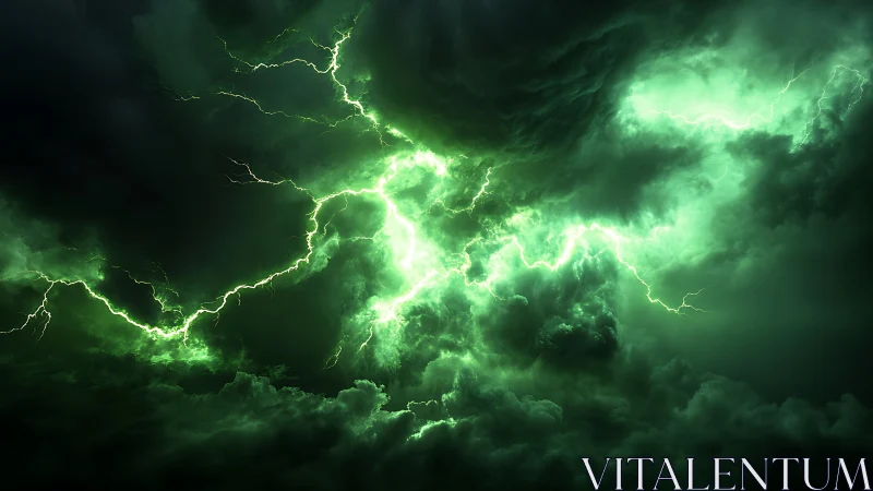 Emerald storm clouds split by electric green lightning arcs.