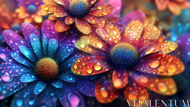 Multicolored flowers with water droplets and gradient lighting effects.