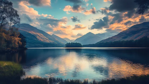 Sunset light kisses tranquil mountain lake beneath soft clouds