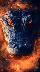 Fiery reptilian titan emerges through molten smoke