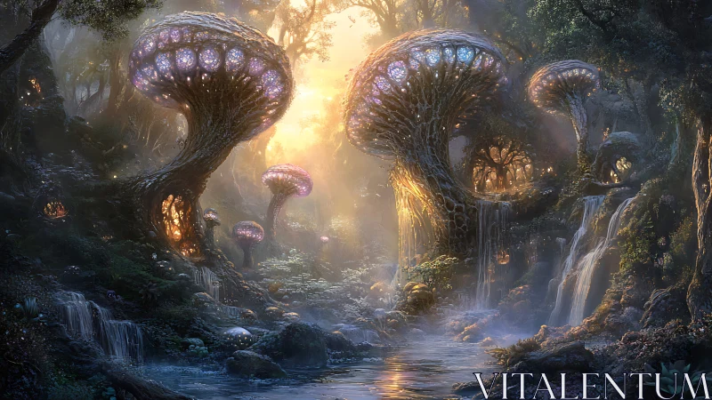 Luminescent fungal canopies in misted fantasy forest basin.