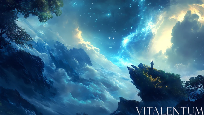 Starlit dreamer stands on a glowing cliff above soft clouds