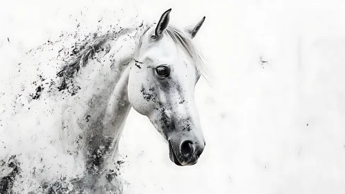 White horse dissolving into abstract ink splatter field.