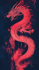 Red oriental dragon illustration on dark textured background.