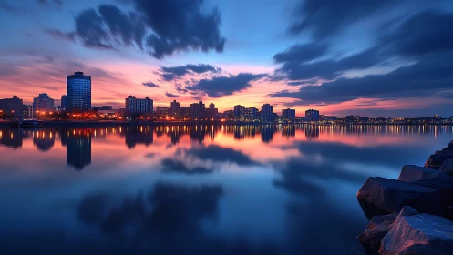 Urban waterfront skyline at dusk with reflective harbor.