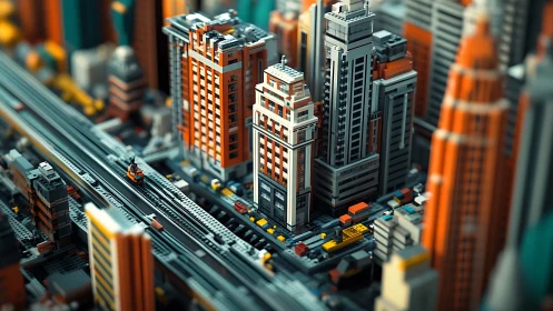 High-density LEGO cityscape with elevated rail transit line