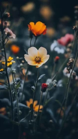 White and Yellow Flower in Garden Setting.