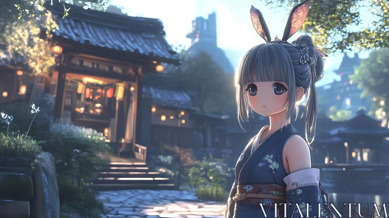 Kimono-clad girl stands in sunlit traditional courtyard