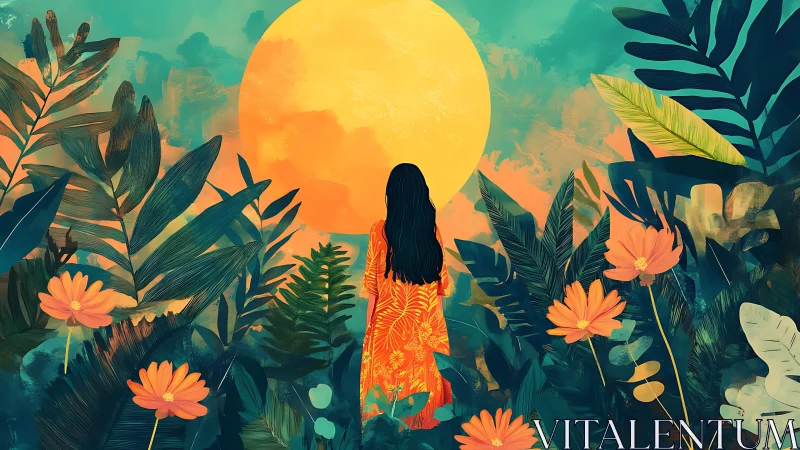 Digital painting of woman in tropical foliage at sunset.