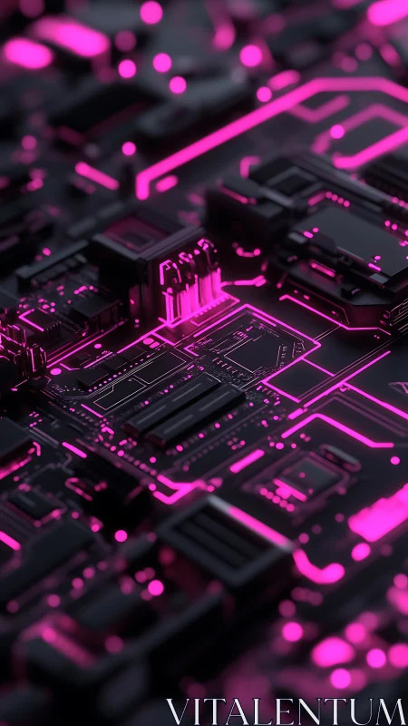 Neon-lit electronic circuit board with abstract components.