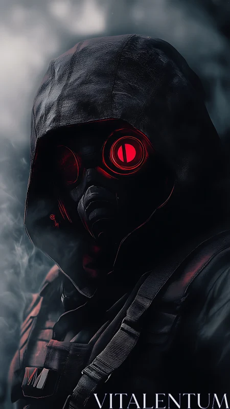 Crimson-eyed warden stalks through swirling industrial fog