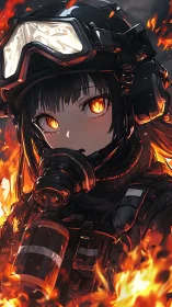 Firelit guardian girl in tactical gear amid roaring flames.