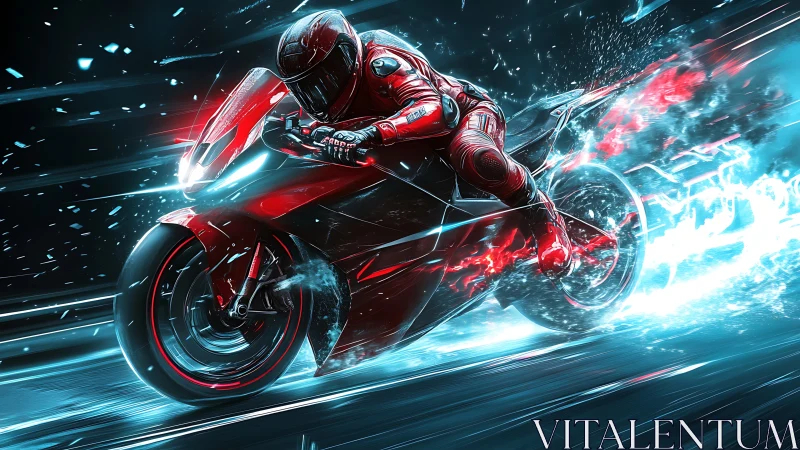 Cyberpunk velocity study with luminous red racing motorcycle.