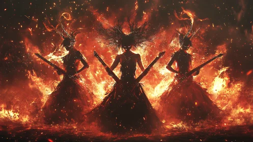 Fiery guitar goddesses rocking a blazing otherworldly stage.