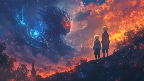 Two figures face glowing cosmic beast in burning sky.