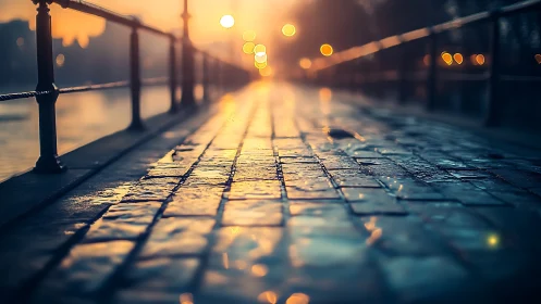 Wet cobblestone walkway receding toward blurred sunset lights