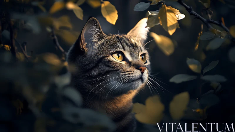 Tabby Cat with Golden Eyes Among Autumn Foliage