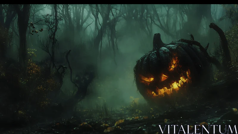 Burning jack o lantern haunts fog soaked haunted forest.