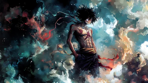 Battle worn anime fighter in swirling storm clouds.