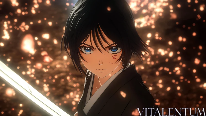 Stoic anime swordsman stares ahead amid glowing embers.