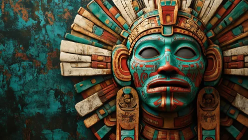 3D stylized Mesoamerican ceremonial mask with radial relief geometry.