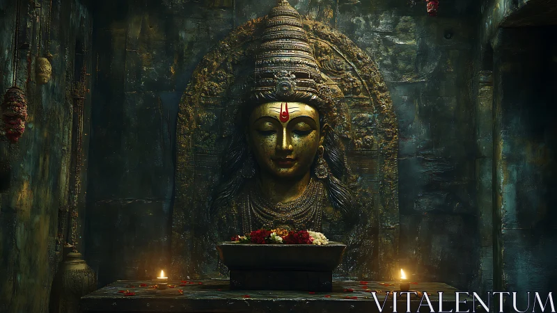 Gilded temple deity relief in candlelit stone sanctum.