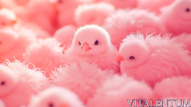 Soft-focus digital portrait isolates central pink chick subject