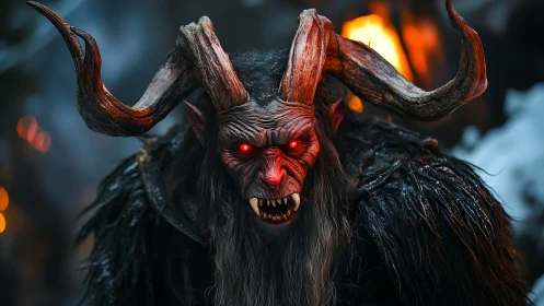 Horned demon creature with glowing red eyes in firelit snow.