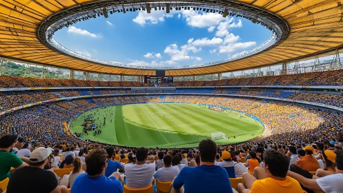 Photorealistic panoramic view of packed modern football stadium.
