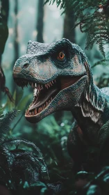 Predatory dinosaur roars in misty primeval jungle scene.