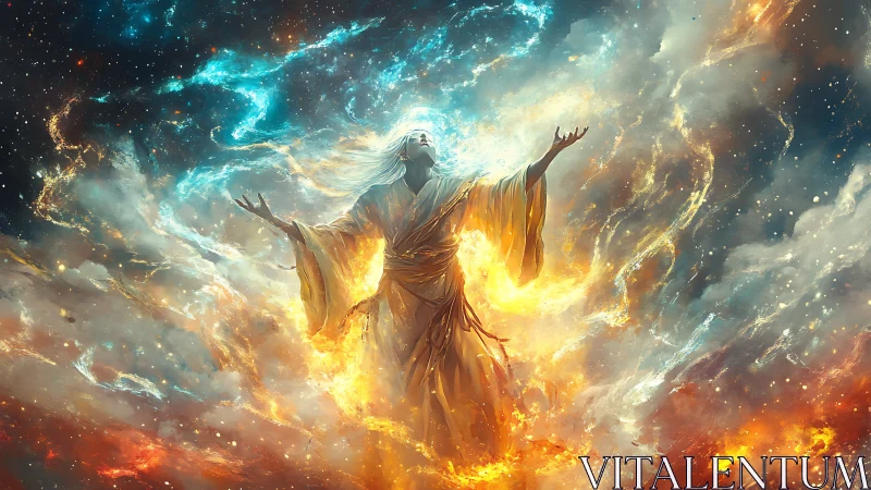 Celestial robed figure ascending through cosmic firestorm.