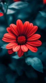 Vibrant Coral Gerbera Daisy with Radial Petal Geometry and Teal Foliage.