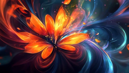 Abstract luminous flower form in swirling color field.